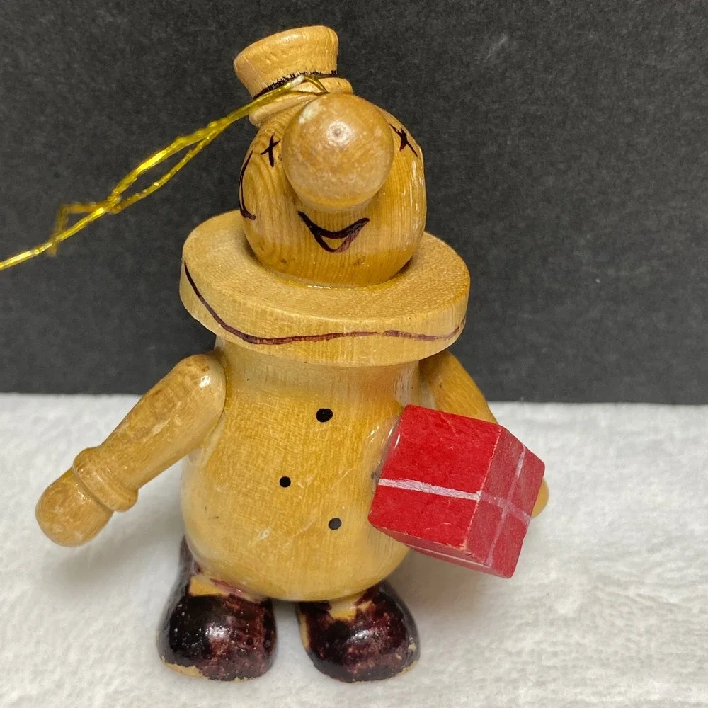 VTG Wooden Christmas‎ Clown Ornament Figure with Red Gift Taiwan